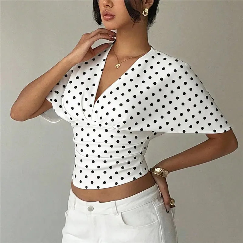Women Y2K Polka Dot Print Deep V Neck Crop Top Batwing Short Sleeve Ruched Waist Slim Fit Casual Summer Streetwear