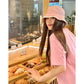 Reversible Pink Plaid & Beige Bucket Hat with Metal Logo for Women