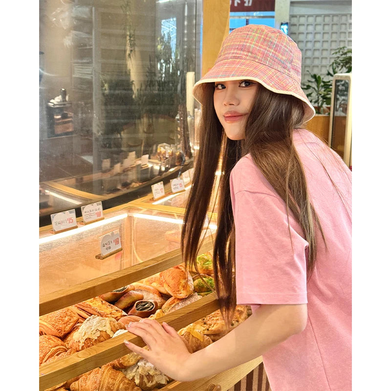 Reversible Pink Plaid & Beige Bucket Hat with Metal Logo for Women