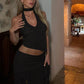 Sexy Fashion 2 Piece Set Women Halter Low-Neck Backless Tank Tops+Ruffles Tassel Splits Hem Skirts Wild Style Outfits
