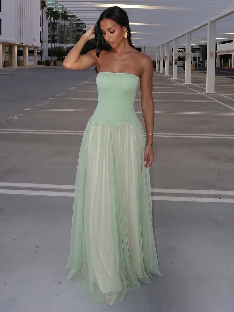 Mesh Patchwork Gown Dress Woman Sexy Wrap Chest Backless Shape Waist Robe Midnight Prom Party Ruched Elegant Vestidos