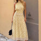 Yellow Polka Dot Summer Dresses 2026 Elegant Halter Backless Pleated Long Dress Woman Clothing