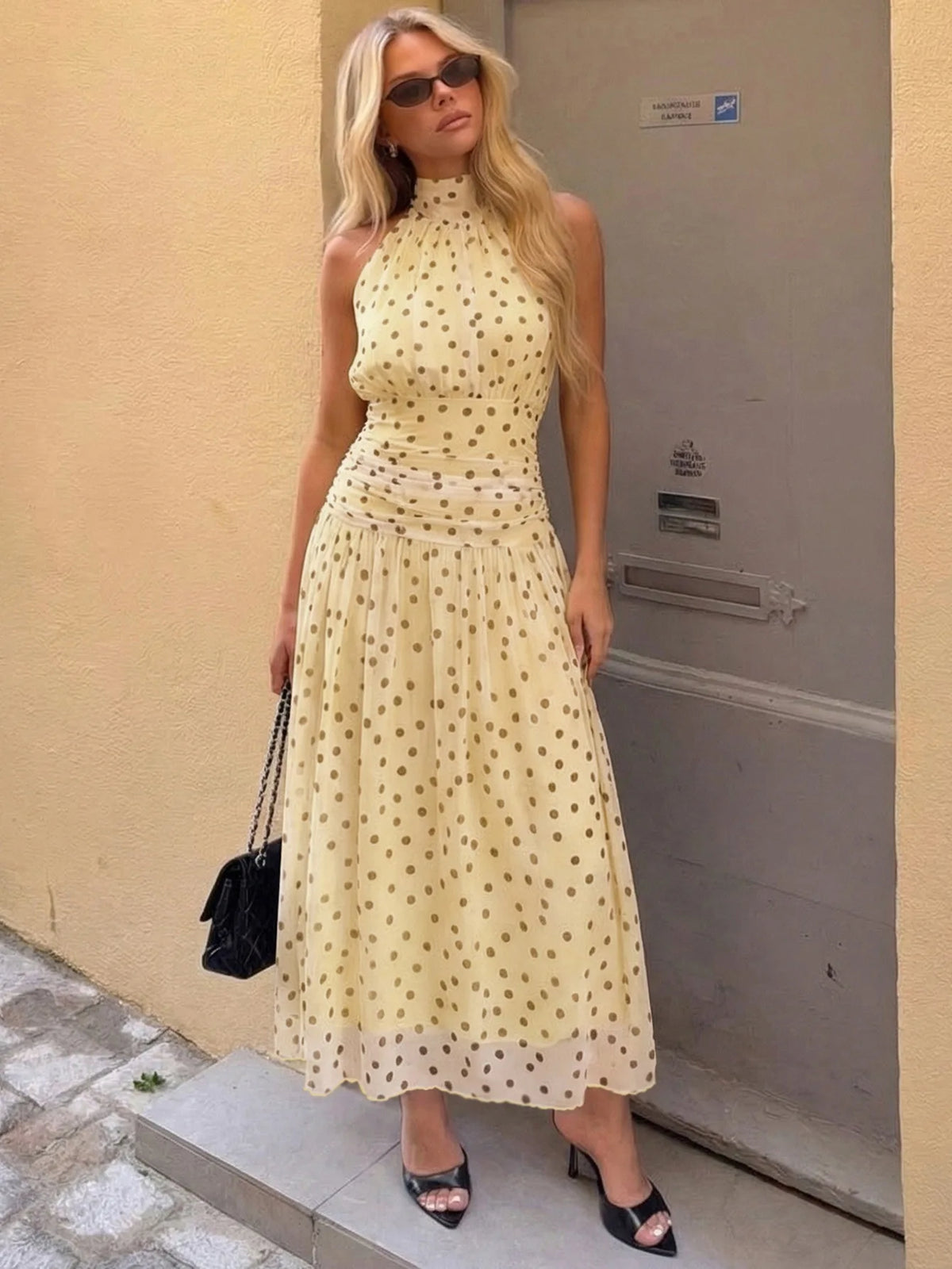 Yellow Polka Dot Summer Dresses 2026 Elegant Halter Backless Pleated Long Dress Woman Clothing