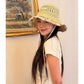 Women's Crochet Straw Bucket Hat, Beaded Tassel Sun Hat with Adjustable Chin Strap for Beach