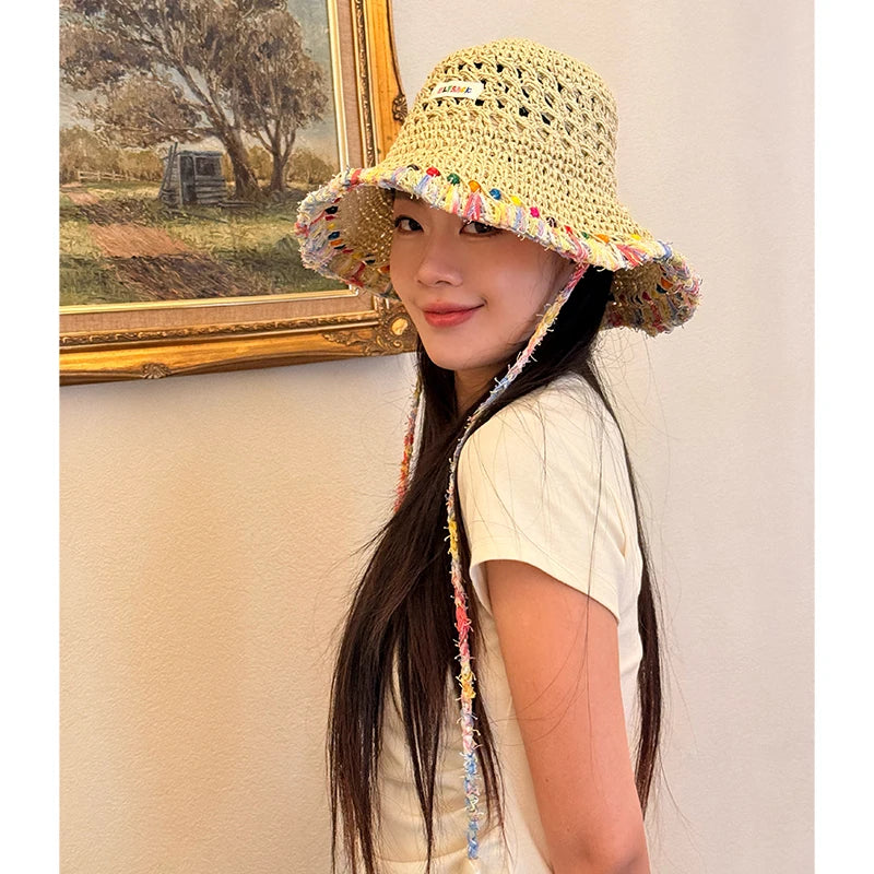 Women's Crochet Straw Bucket Hat, Beaded Tassel Sun Hat with Adjustable Chin Strap for Beach