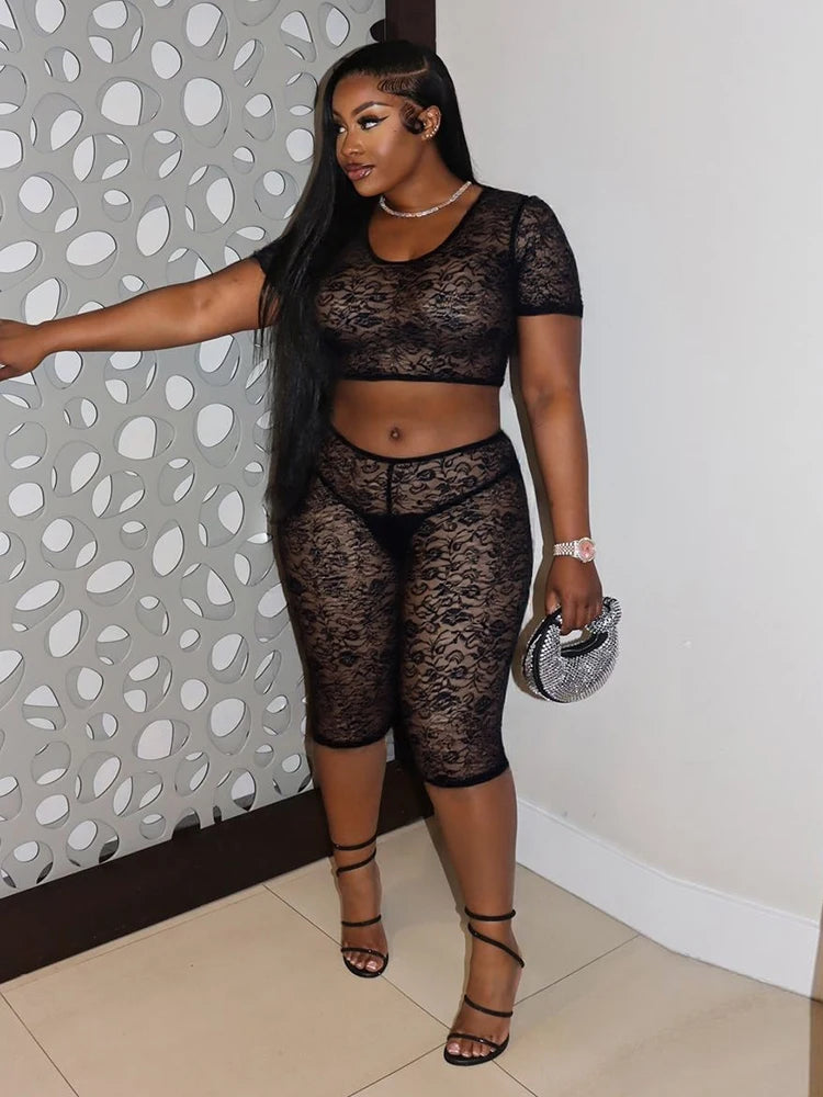 Jacquard Sexy Women 2 Piece Set summer Y2K hipster Tight Stretch Lace Camisole+bike Shorts Beach Club Matching Suit