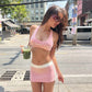 Sexy Two Piece Set Woman Summer Outfits Pink Halter Crop Top and Mini Skirt Matching Sets