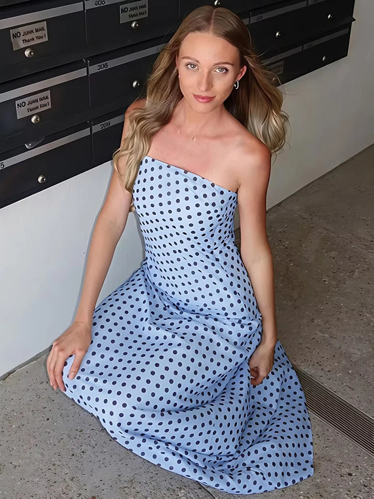 Polka Dot Strapless Sexy Maxi Dress Women Elegant Off-shoulder Sleeveless Backless Bodycon Club Party Long Dresses