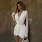 White 2 Piece Set Deep V Long Sleeve Bodysuit Top and Asymmetric Draped Skirt Sexy Fall Outfits Woman 2026