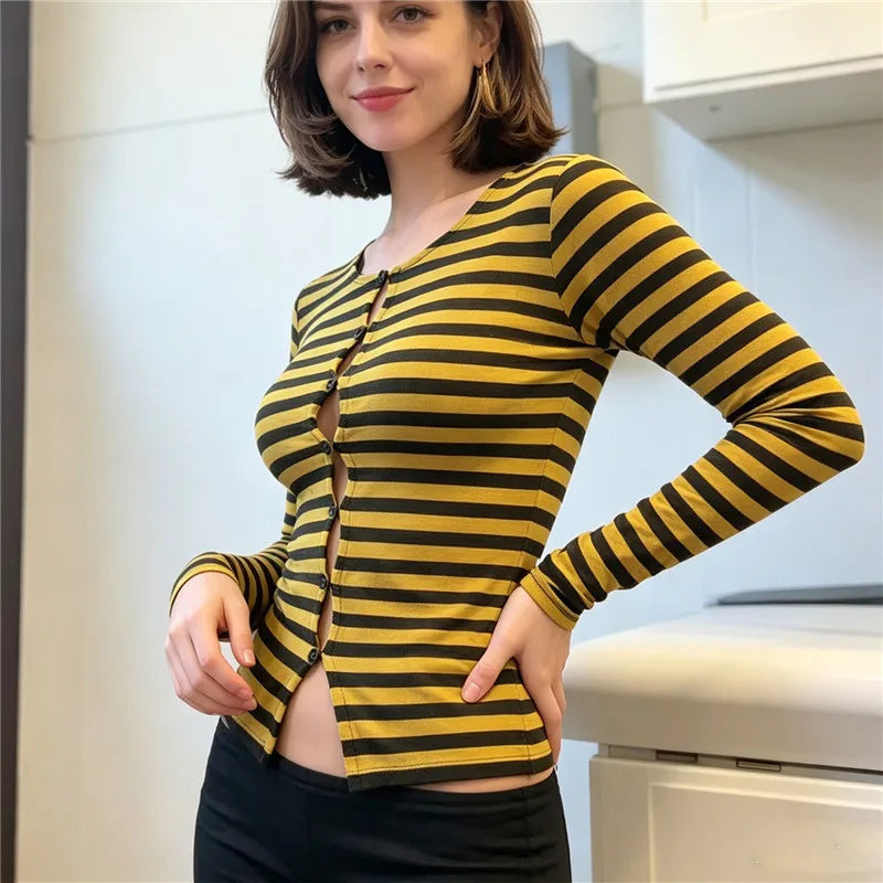 Womens Retro Striped Long Sleeve Blouse Round Neck Button Front Hollow Cutout Slim Fit Cropped Top Cosplay Party T Shirt