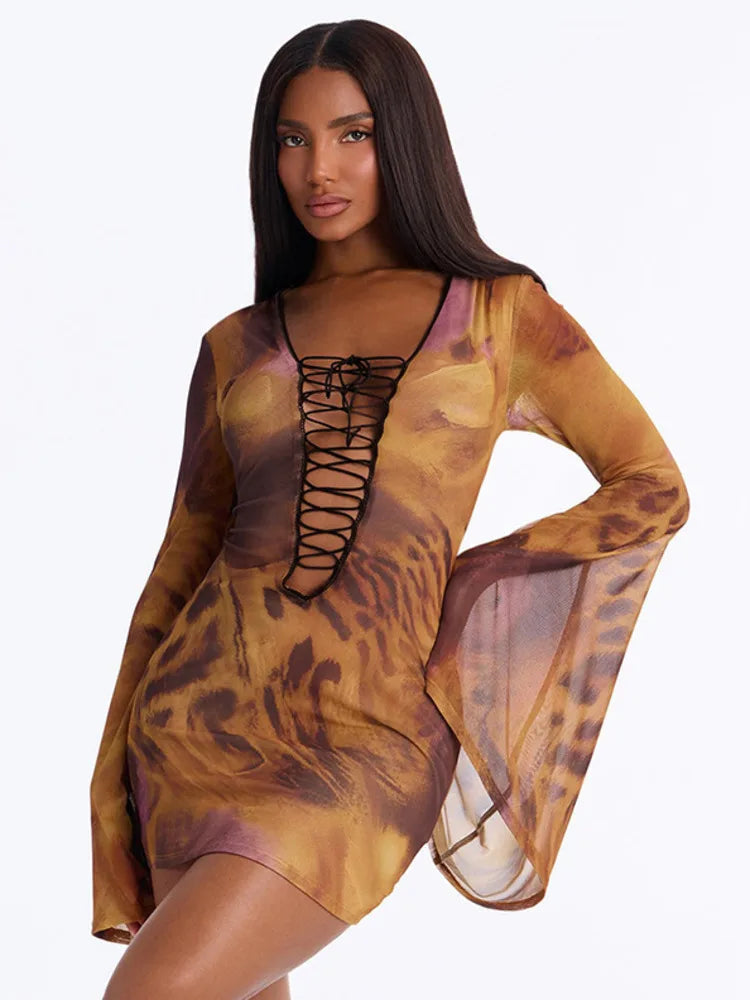 Women Mesh Bodycon Sexy Mini Dress Long Flare Sleeve Deep V Neck Leopard Print Irregular Hem Party Night Club Dresses