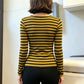 Womens Retro Striped Long Sleeve Blouse Round Neck Button Front Hollow Cutout Slim Fit Cropped Top Cosplay Party T Shirt