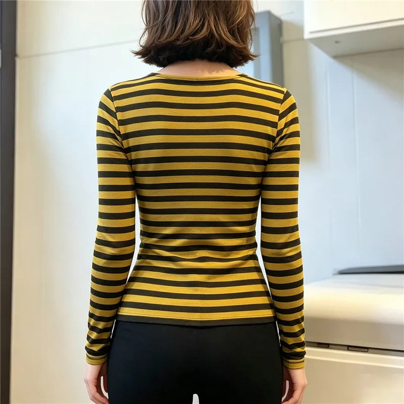 Womens Retro Striped Long Sleeve Blouse Round Neck Button Front Hollow Cutout Slim Fit Cropped Top Cosplay Party T Shirt