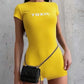 Letter Print Romper Women Fashion Body-Shaping  o-Neck Mini Sleeve Tight Peach Hip Simple Casual Workout Playsuits