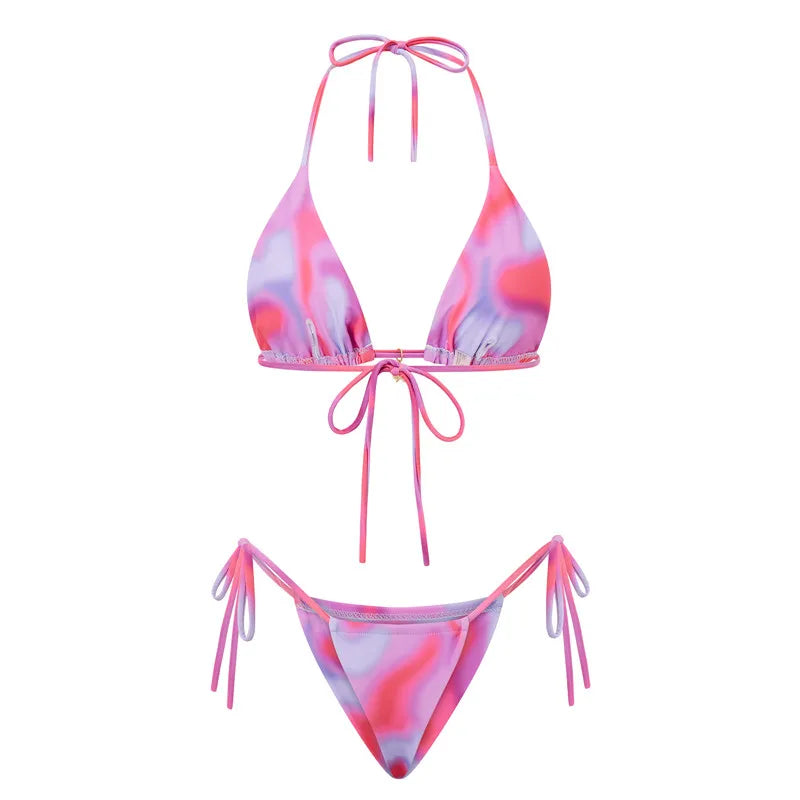 Women 2 Pieces Bikini Swimsuit Spaghetti Strap Top Tie Side Triangle G-Thong Bathing Suit Beach Holiday Swimwear