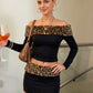 Leopard Print Plush Patchwork 2-Piece Set Women Slash Neck Full Sleeve Crop Tops+Elastic Waist Skirt Sexy Autumn Suit