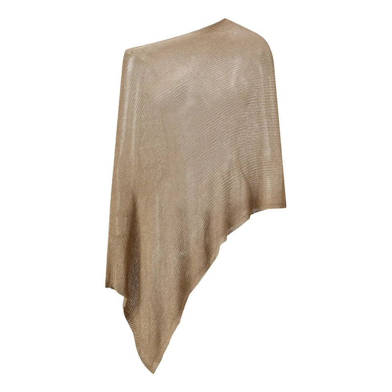 Fashion Women's Sheer Ponchos Off Shoulder Solid Color Asymmetrical Shaw Wrap T-Shirts Oversized Knit Tops