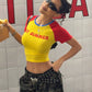 Letter Print Crop Tops Women Chic Short Sleeve Patchwork Casual Simple Tight Wild Basic Streetwear Y2K Hipster Tees