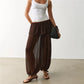 Women Y2K Layered Ruffle Skirt Waist Chiffon Pants Sheer Loose Harem Trousers Drawstring Hem Beach Cover Up Pants