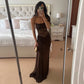 See Through Lace Spliced One Shoulder High Split Maxi Dress European Style Clothes Woman Sexy Party Dresses