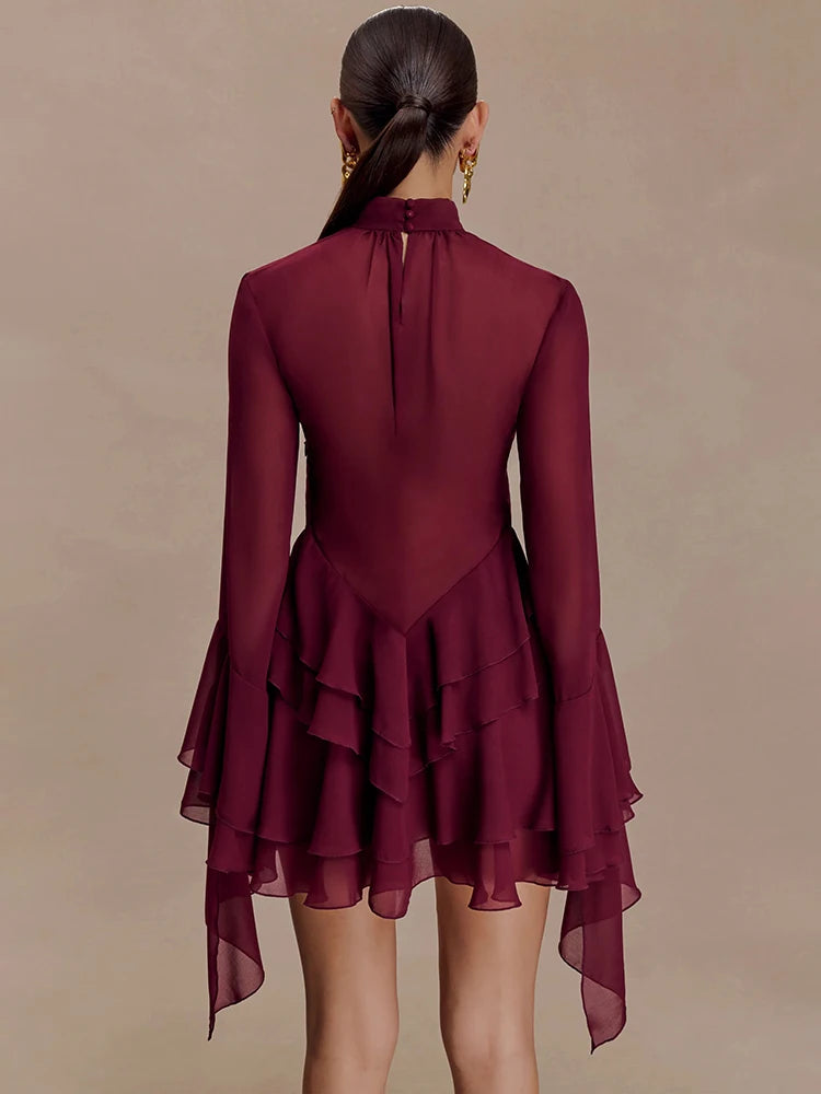 Mesh See Through Ruffle Sexy Mini Dress Women Elegant Turtleneck Long Sleeve Tiered Frills Club Party Dresses Female