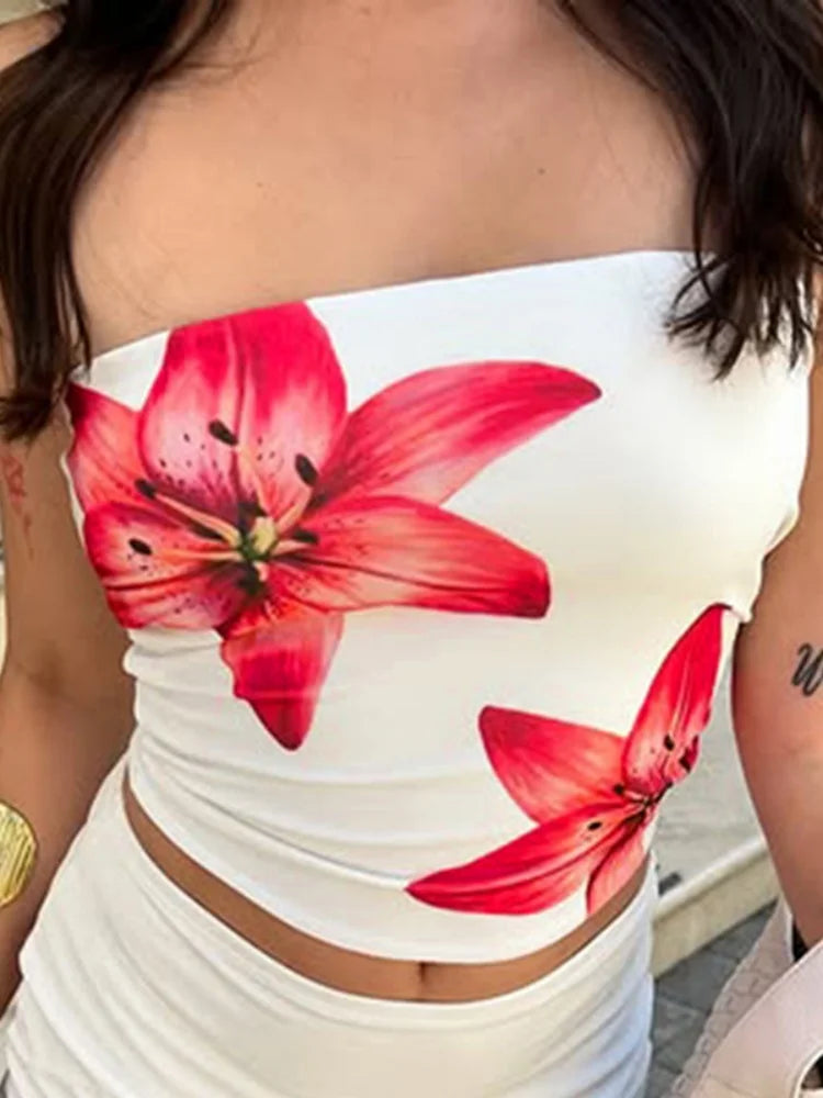 Flower Print Tube Tops Strapless Backless Crop Top Sexy Beach Vacation Woman Clothes Trends Summer