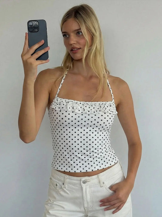 White Polka Dot Print Halter Tops for Woman Sexy Summer Clothes 2026 Ruffled Backless Crop Top Camisole