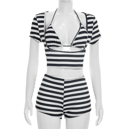 Womens Striped Shorts Set Casual Slim Fit Stylish Short Sleeve T-shirt Halter Bra and Mid Rise Shorts 3 Pcs Set Summer
