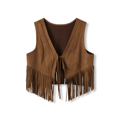 Women Retro Western Fringe Crop Vest Sleeveless Faux Suede V Neck Tie Front Tassel Waistcoat Festival Casual Outerwear