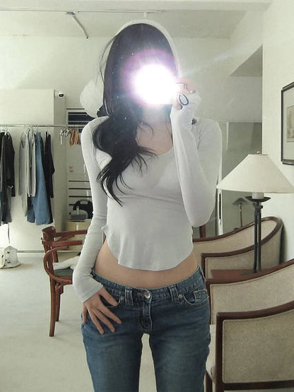 Sexy Thin Hooded Crop Top Women Irregular Full Sleeve Simple Casual Hottie Street Stretch Skinny Clubwear Basic Tops