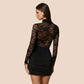 Turtleneck Lace Splicing Long Sleeve Mini Dress Fashion Sexy See Through White Bodycon Dresses Woman