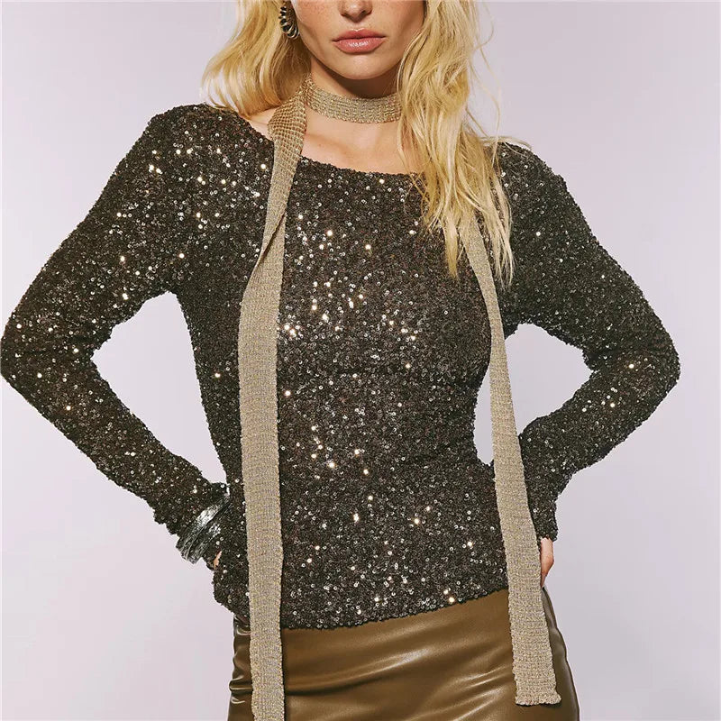 Backless Draped Cowl Neck Sparkly Shirt Women Long Sleeve Y2k Shiny Sequin Slim Crop Top Club Party Night Glitter Tee