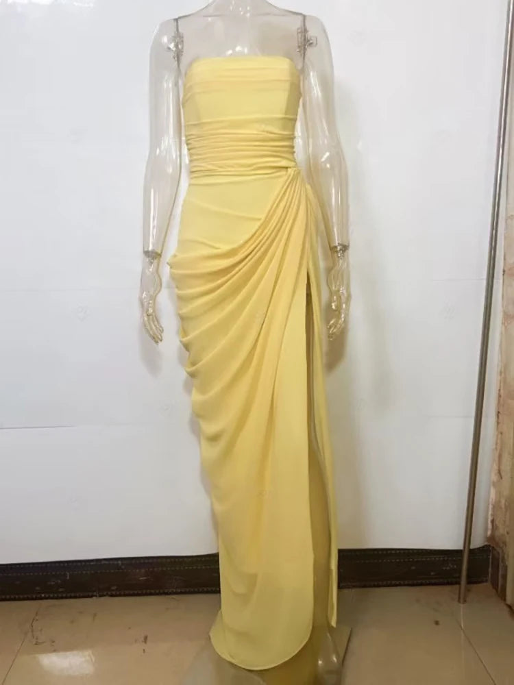 Chiffon Off-shoulder Strapless Sexy Maxi Dress Women Elegant Sleeveless Backless High Split Ruched Club Party Dress