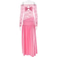 Off Shoulder Long Sleeve High Split Maxi Dresses Woman See Through Lace Patchwork Long Dresses Luxury