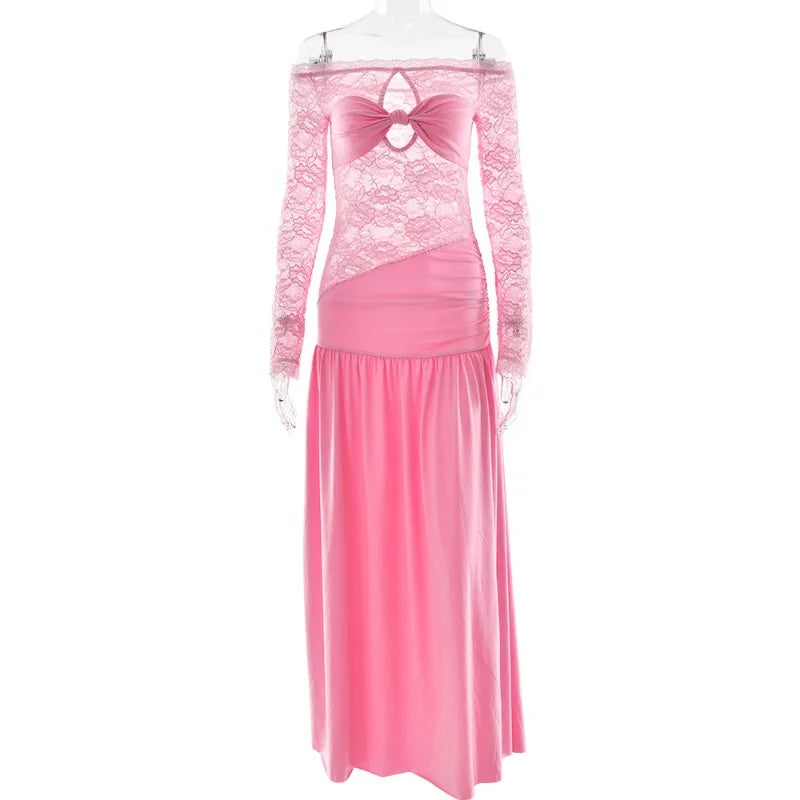 Off Shoulder Long Sleeve High Split Maxi Dresses Woman See Through Lace Patchwork Long Dresses Luxury