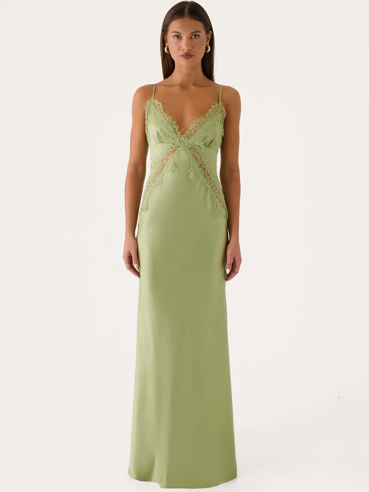 Women Spaghetti Strap Sexy Maxi Dress Lace V Neck Cutout Backless Mermaid Formal Evening Wedding Guest Party Dress