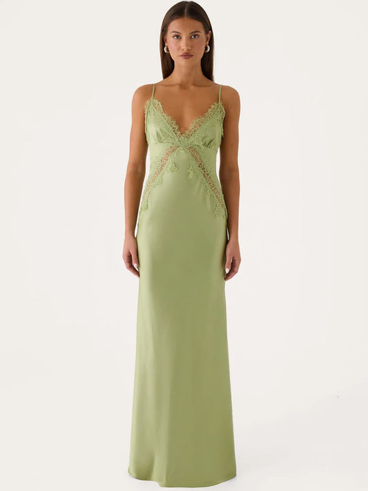 Women Spaghetti Strap Sexy Maxi Dress Lace V Neck Cutout Backless Mermaid Formal Evening Wedding Guest Party Dress