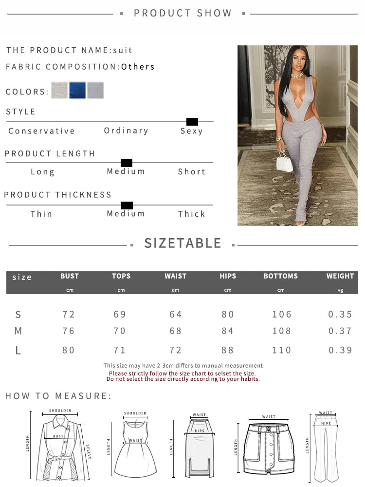 Sexy Women Tracksuit 2 Piece Set Deep V-Neck Sleeveless Bodysuit+Leggings Matching Streetwear Hipster Fashion Outfits