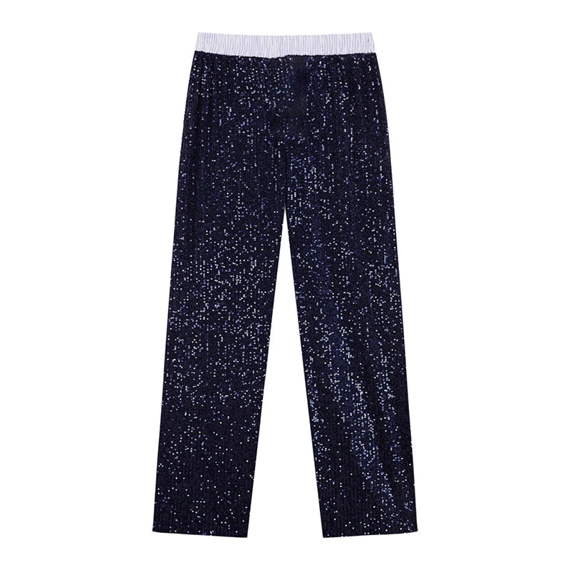 Sequin Loose Pants Two Piece Sets Women Patchwork Long Sleeve Shirt And Trouser Female Elegant Long Pants 2 Piece Sets