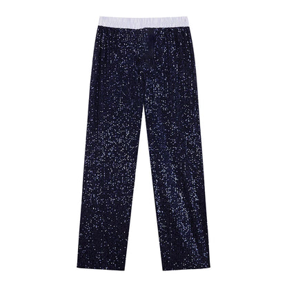 Sequin Loose Pants Two Piece Sets Women Patchwork Long Sleeve Shirt And Trouser Female Elegant Long Pants 2 Piece Sets