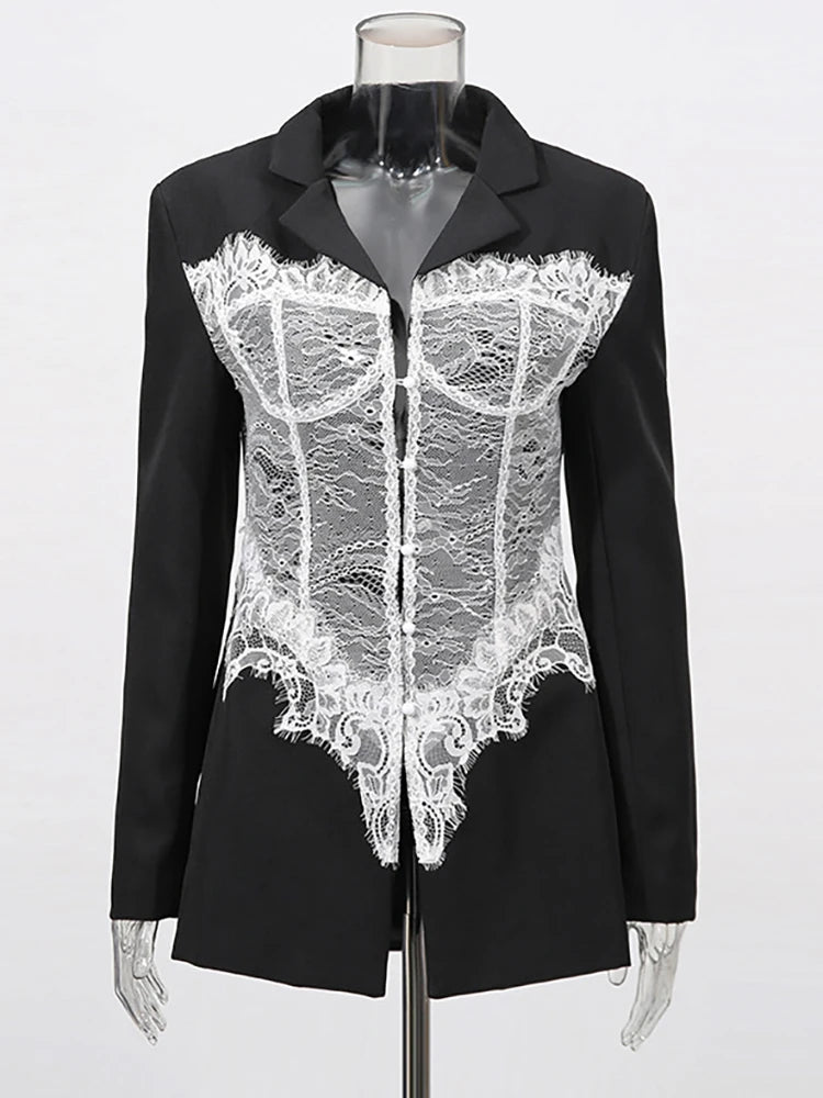 Patchwork Long Sleeve Sexy Blazer Women Elegant Fashion Deep V Neck Embroidery Single-breasted Blazers Coat Female