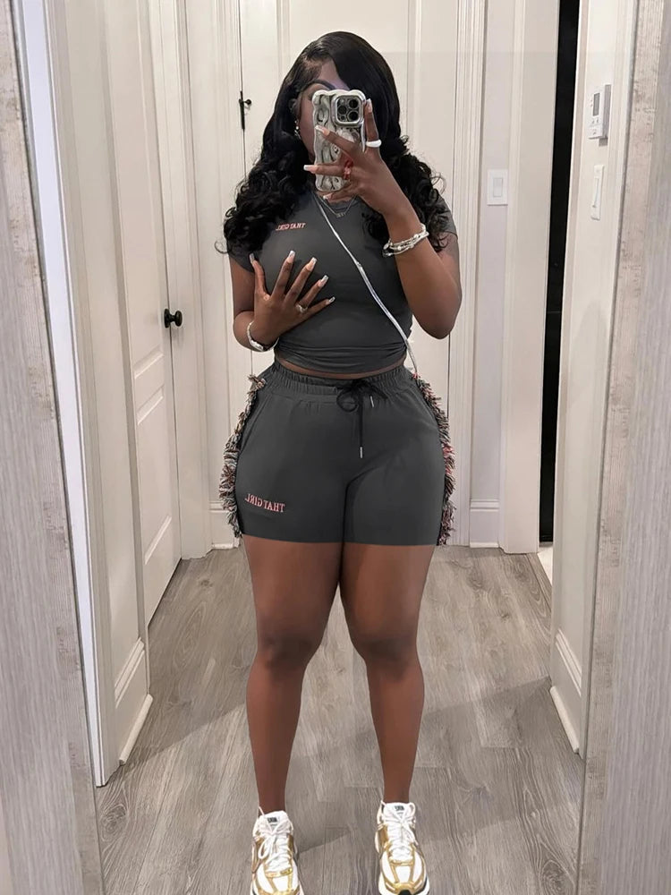 Letter Embroidery Women Casual 2 Piece Set Tracksuit Shorts Sleeve Crop Tops+Side Tassel Shorts Sporty Matching Suits