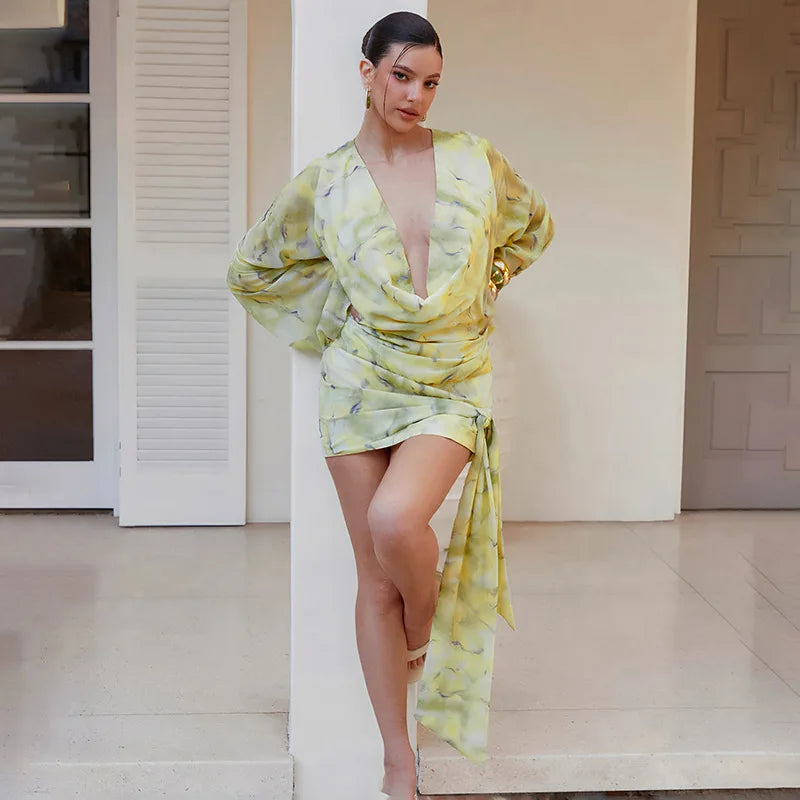 Yellow Floral Tie-dye Print Long Sleeve Mini Dress Fall 2026 Elegant Chiffon Dresses for Woman Clothing