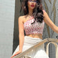Sweet Folds 2-Piece Set Love Print Patchwork Single Shoulder Tank Tops+Multilayer Mesh Skirts Slim Matching Clubwear