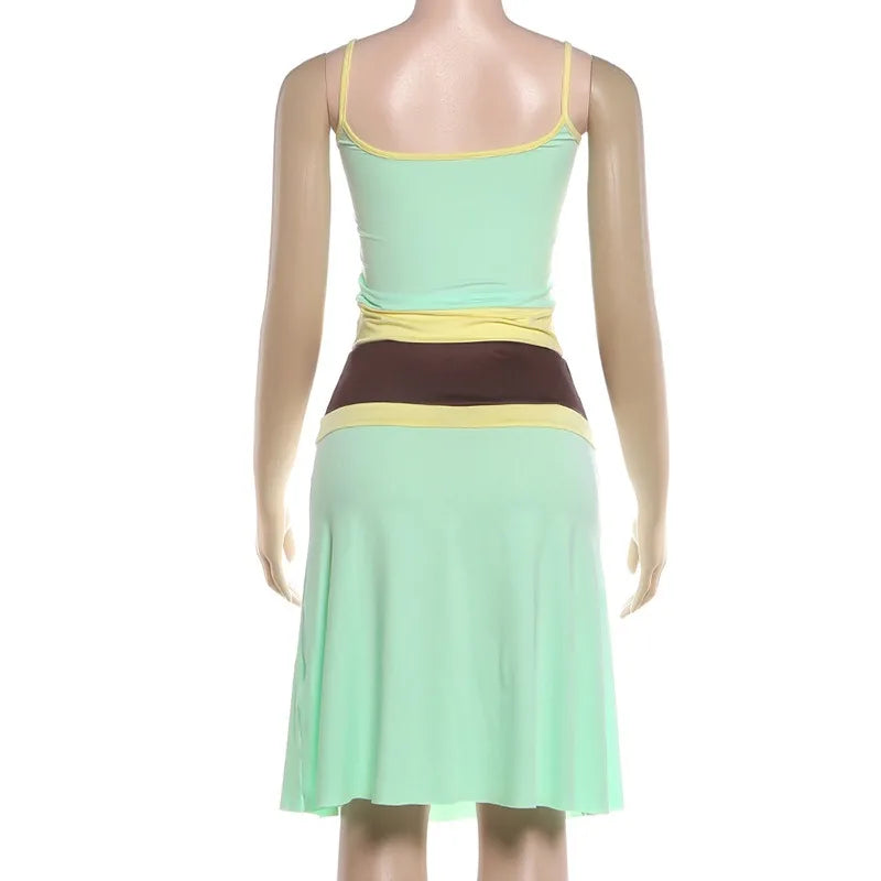 2 Pcs Woman Outfit Colorblock Camisole Top and Midi Skirt Matching Sets