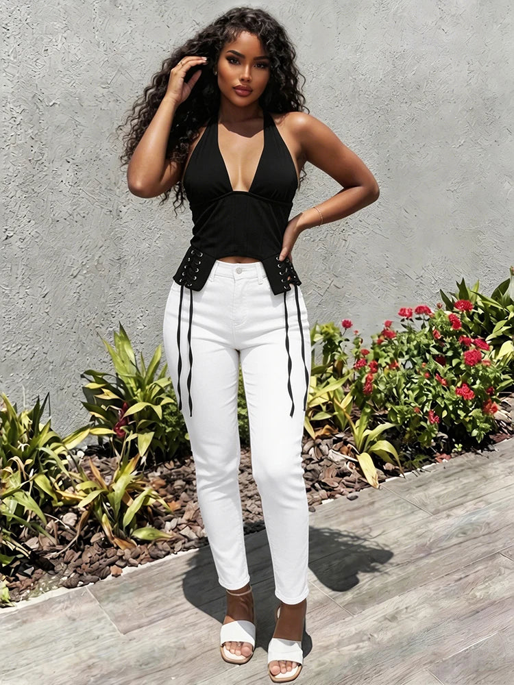 Cross Bandage Decoration Tank Tops Woman Summer Trend Halter Low-Neck Backless Irregular Shape Sexy Fashion Vests