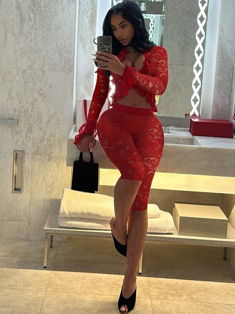 Jacquard Sexy Women 2 Piece Set Coquette Full Sleeve Ruffles Crop Tops+Bike Shorts Matching Clubwear Summer Outfits