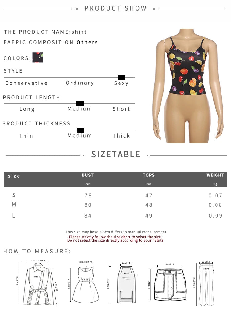 Fruit Print Camisole Women Low-Neck Sexy Midnight Skinny Music Festival  Summer Trend Hottie High Street Wild Clubwear