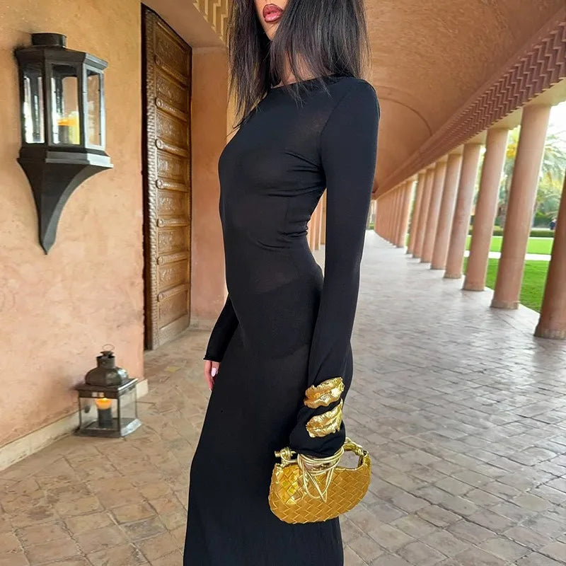 Sexy Long Sleeve Open Back Maxi Dress Elegant Black Party Dresses Autumn 2025 Woman Clothing
