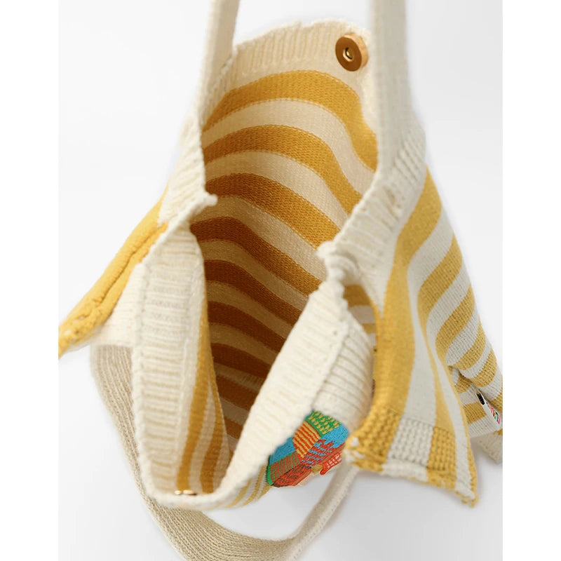 Striped Figure Applique Canvas Tote Bag, 2 Colors Cute Cartoon Character Patch Large Capacity Shoulder Shopping Bag